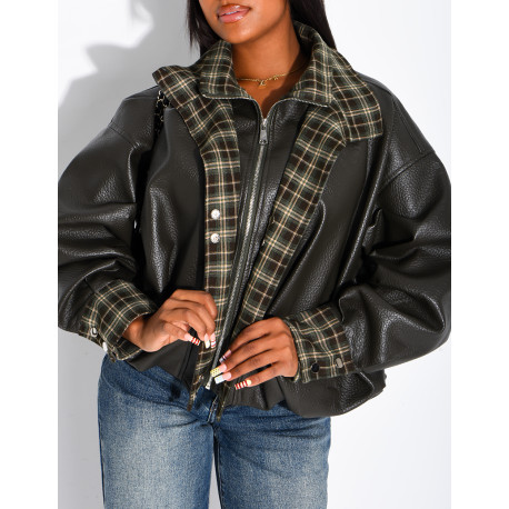 Kunstlederjacke mit kariertem Kragen und Manschetten