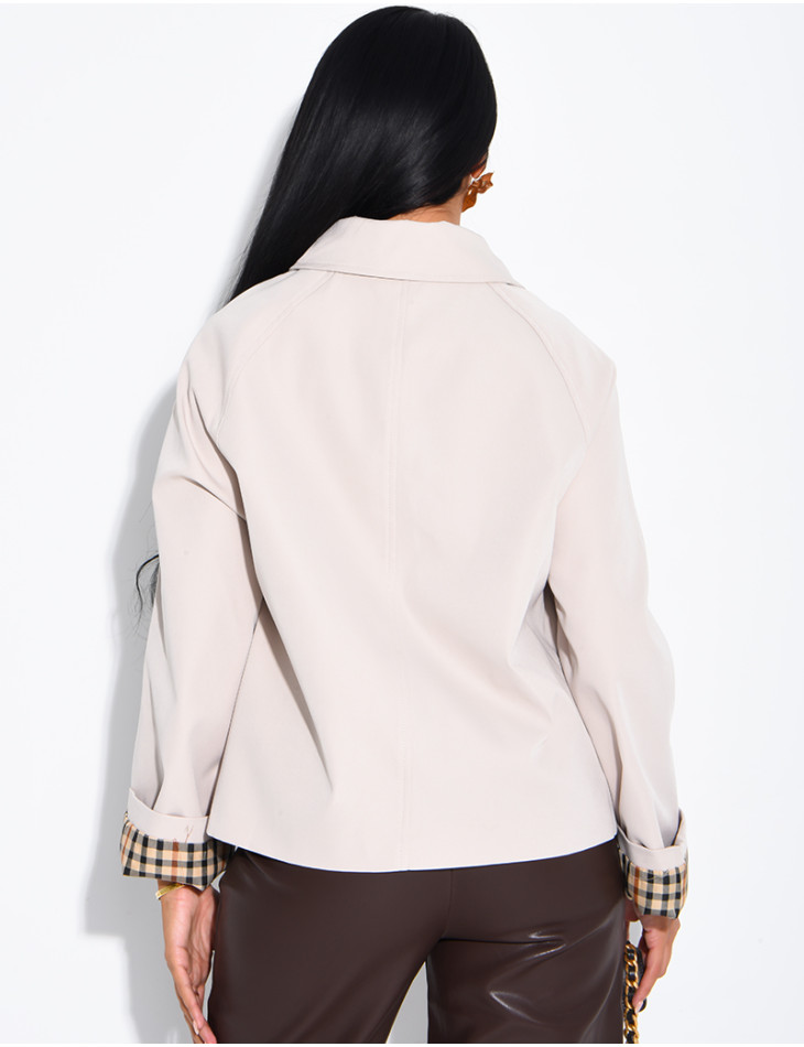 Veste courte style trench à revers vichy