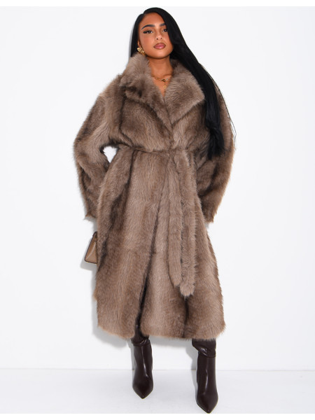 Very long faux fur coat with belt