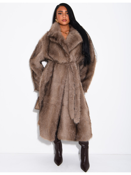 Very long faux fur coat with belt