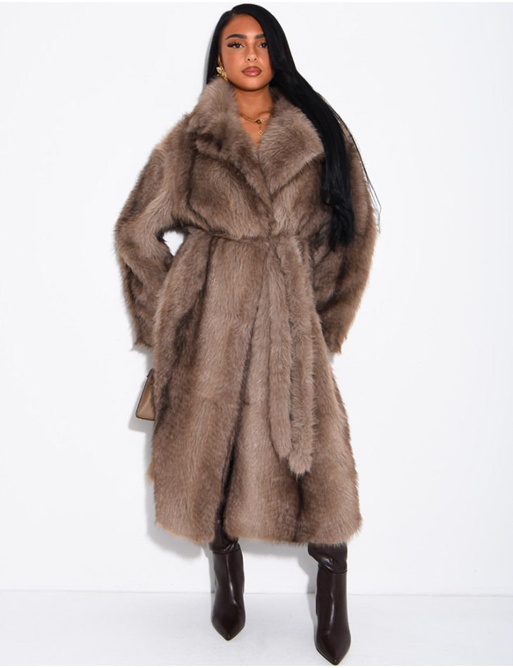 Very long faux fur coat with belt