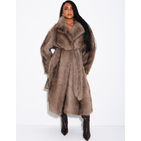 Very long faux fur coat with belt