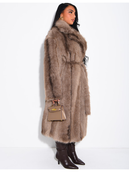 Very long faux fur coat with belt