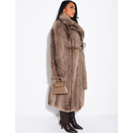 Very long faux fur coat with belt