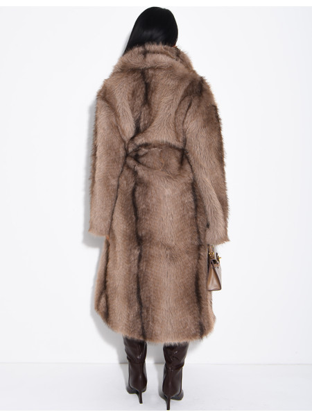 Very long faux fur coat with belt