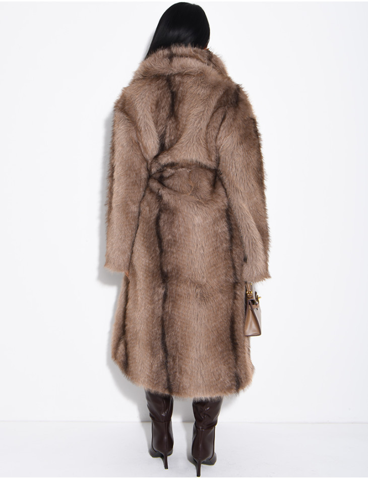 Very long faux fur coat with belt