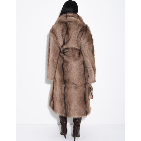 Very long faux fur coat with belt