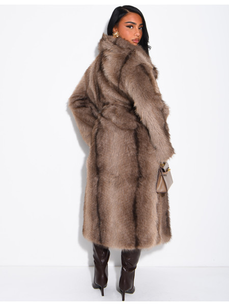 Very long faux fur coat with belt