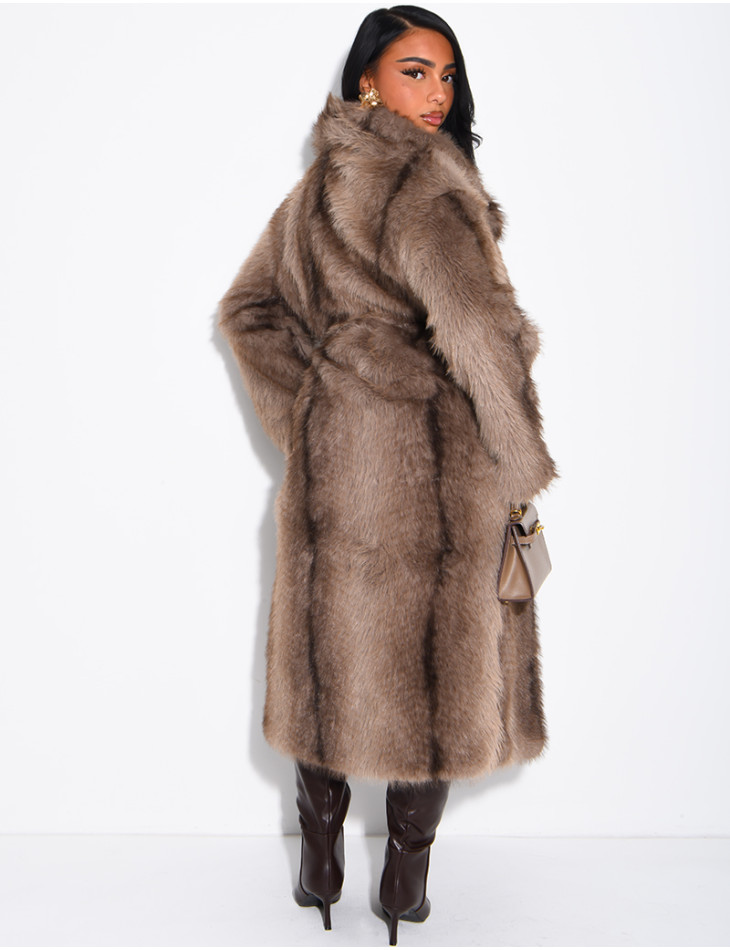 Very long faux fur coat with belt