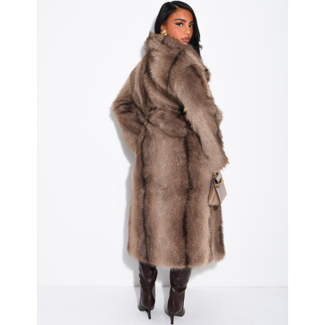 Very long faux fur coat with belt