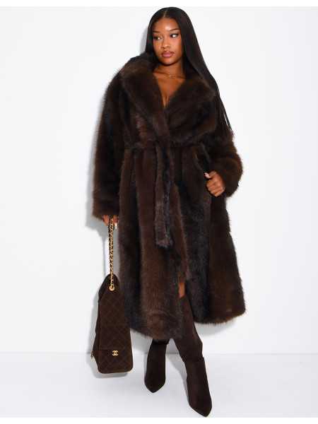 Very long faux fur coat with belt