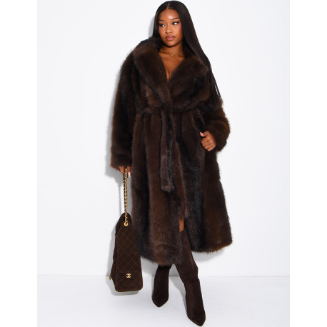 Very long faux fur coat with belt