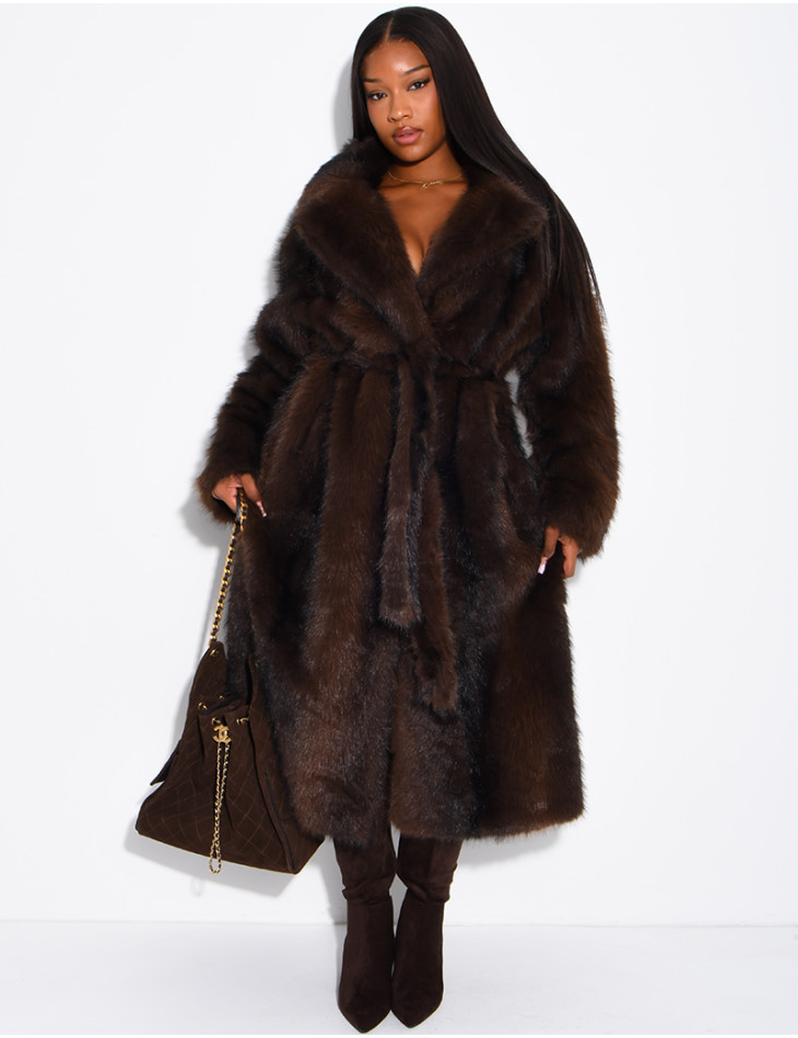 Very long faux fur coat with belt