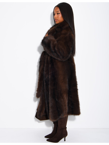 Very long faux fur coat with belt