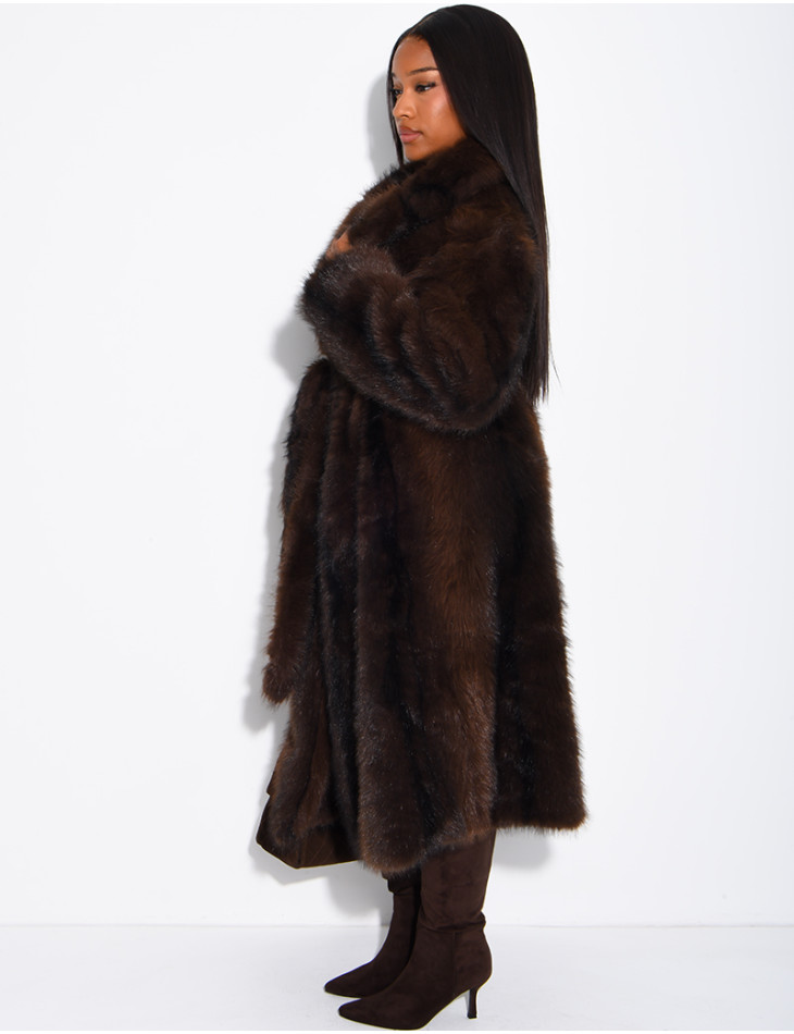 Very long faux fur coat with belt