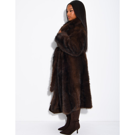 Very long faux fur coat with belt