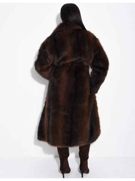 Very long faux fur coat with belt