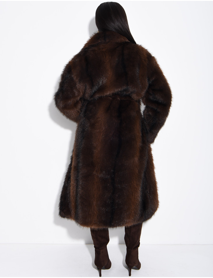 Very long faux fur coat with belt