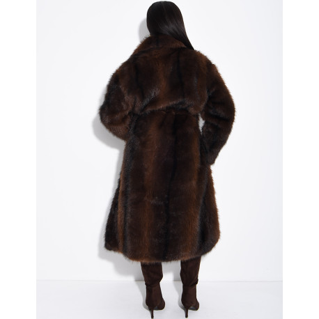 Very long faux fur coat with belt