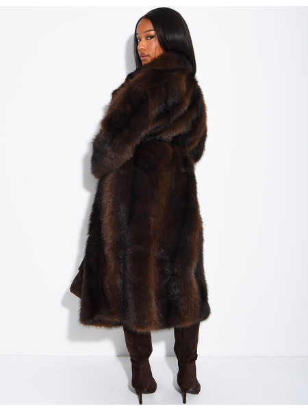 Very long faux fur coat with belt