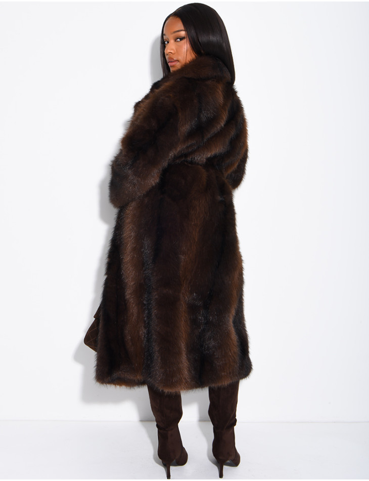 Very long faux fur coat with belt