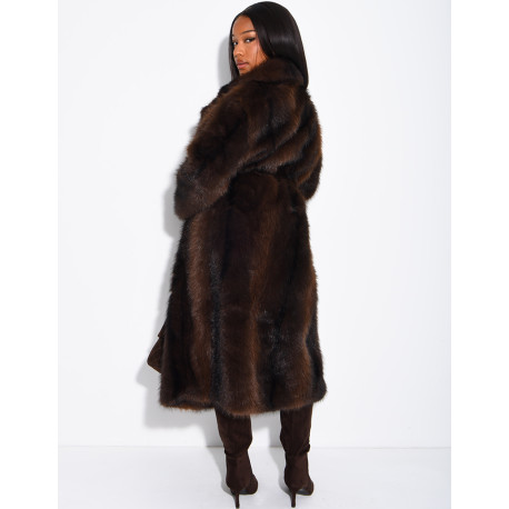 Very long faux fur coat with belt