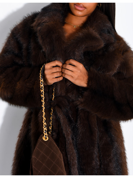 Very long faux fur coat with belt
