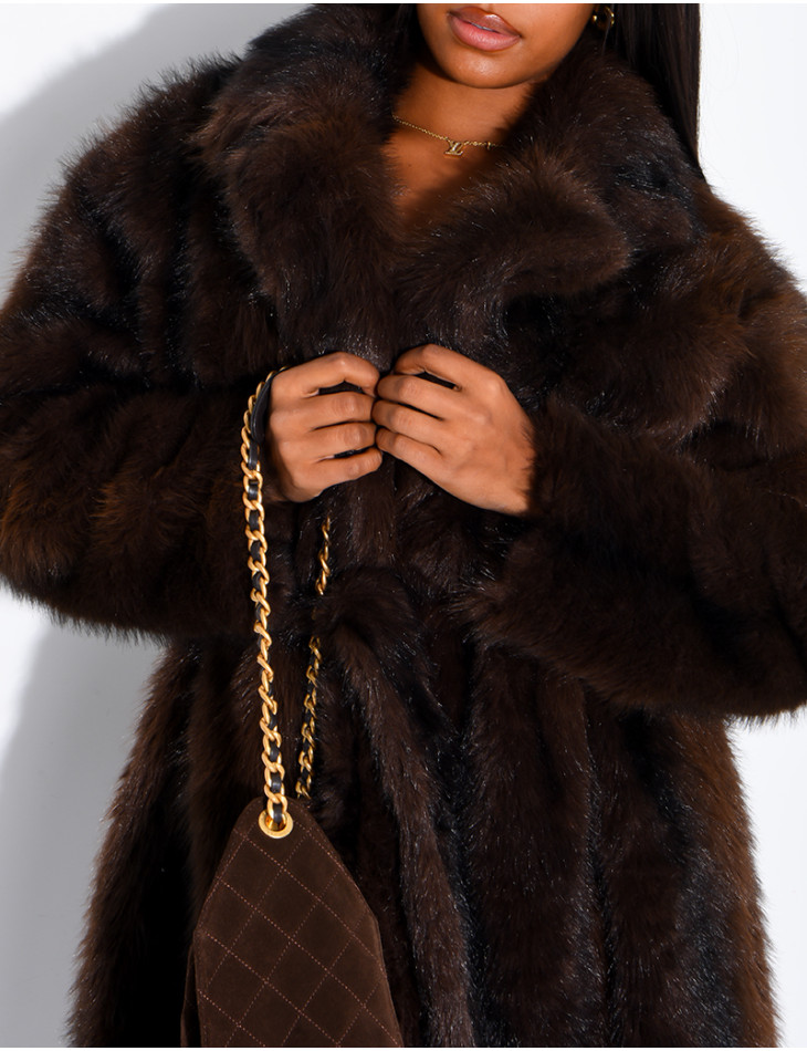 Very long faux fur coat with belt
