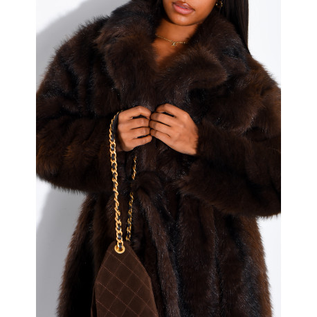 Very long faux fur coat with belt