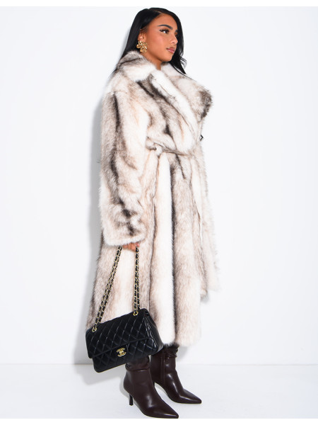 Very long faux fur coat with belt