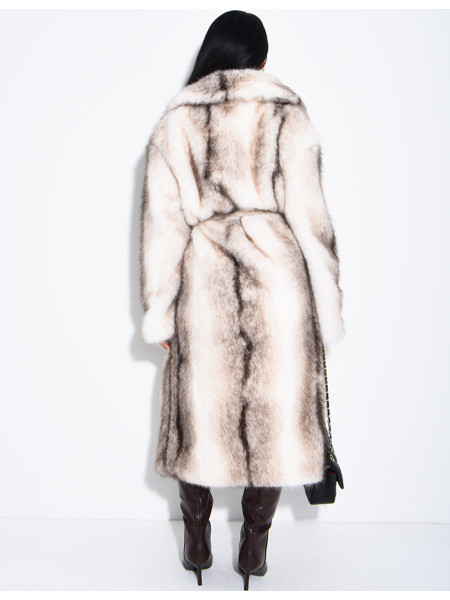 Very long faux fur coat with belt