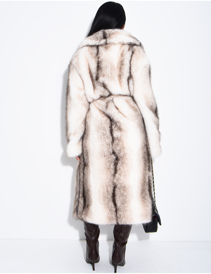 Very long faux fur coat with belt