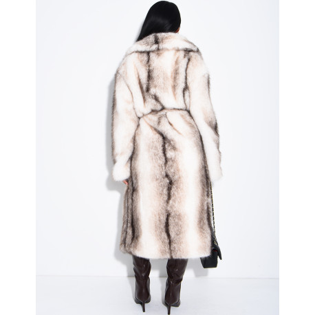 Very long faux fur coat with belt