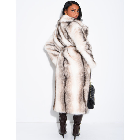 Very long faux fur coat with belt
