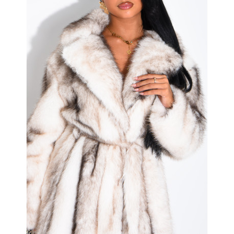 Very long faux fur coat with belt