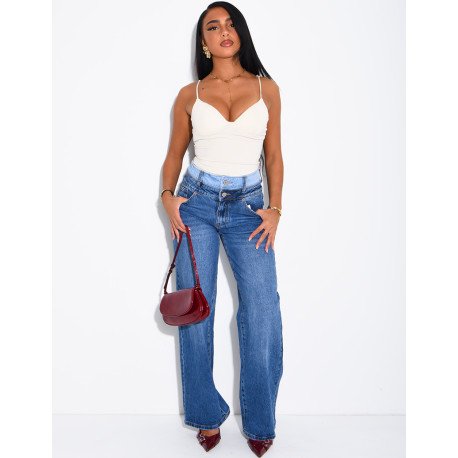 Jeans wide leg délavé à double boutonnière