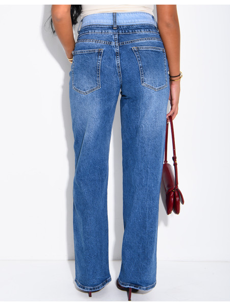 Jeans wide leg délavé à double boutonnière