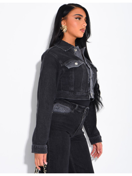 Short denim jacket with faded panels