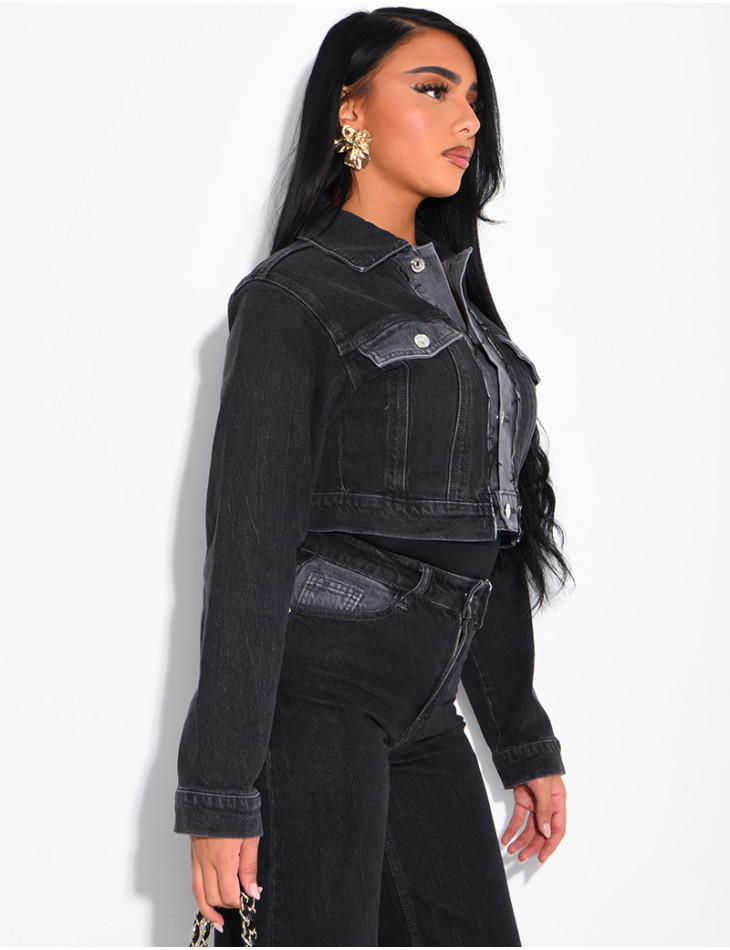 Short denim jacket with faded panels