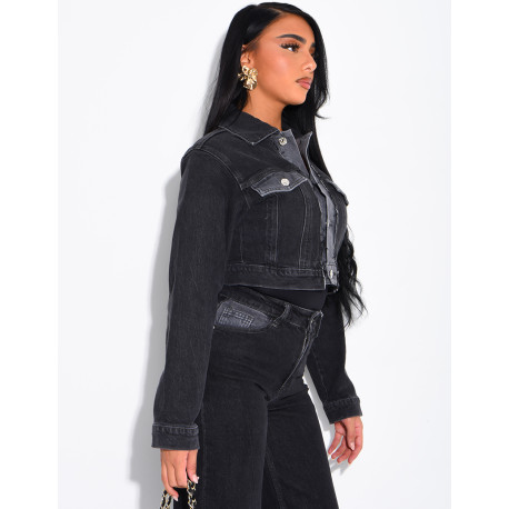 Short denim jacket with faded panels