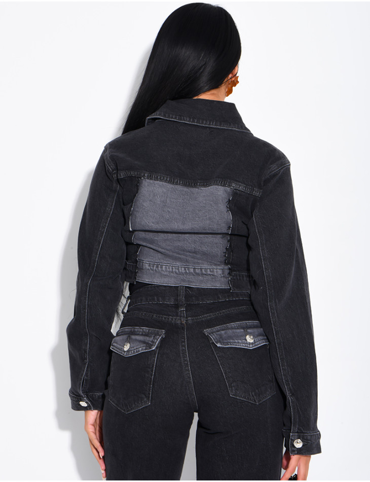 Short denim jacket with faded panels