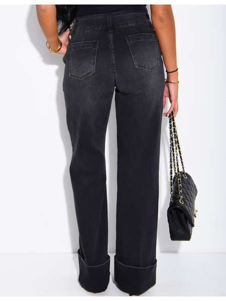 Jeans taille haute coupe droite à revers