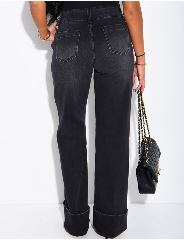 Jeans taille haute coupe droite à revers