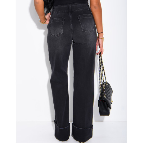 Jeans taille haute coupe droite à revers