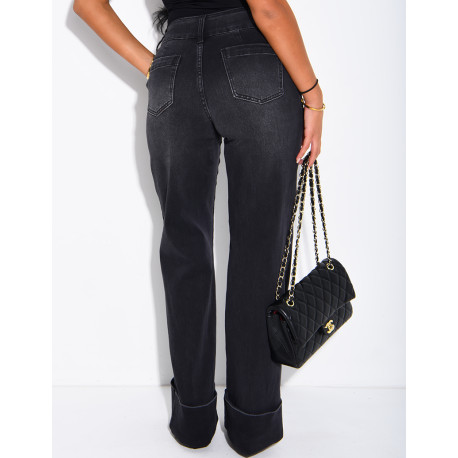 Jeans taille haute coupe droite à revers