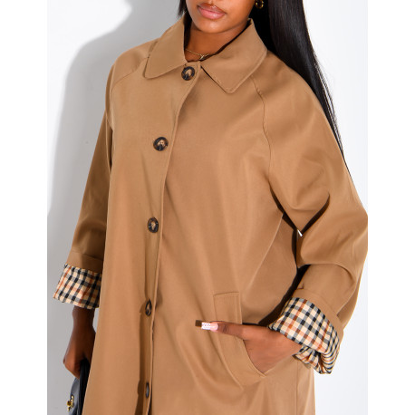 Trench long boutonné à revers aux manches motif vichy