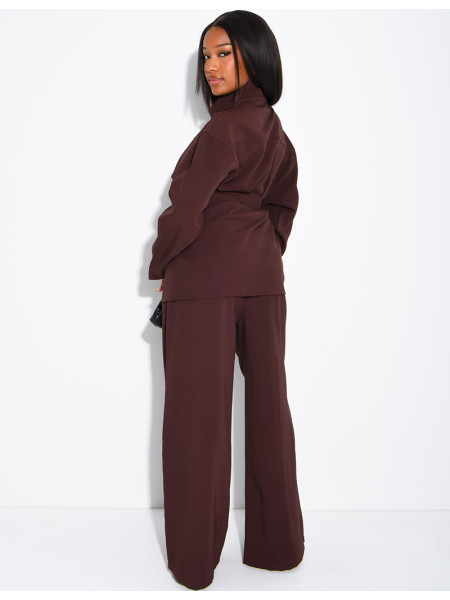 Ensemble pantalon et blouse à boutonner avec ceinture