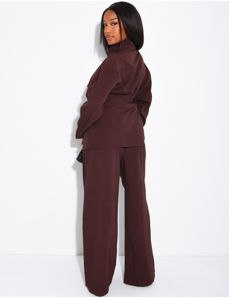 Ensemble pantalon et blouse à boutonner avec ceinture