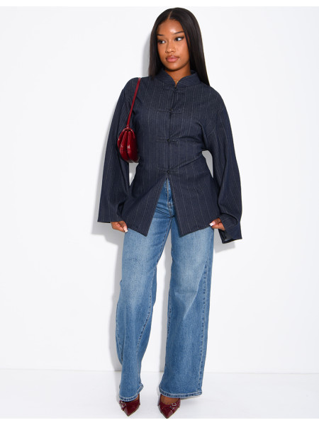 Long-sleeved denim blouse with Asian-style fastenings