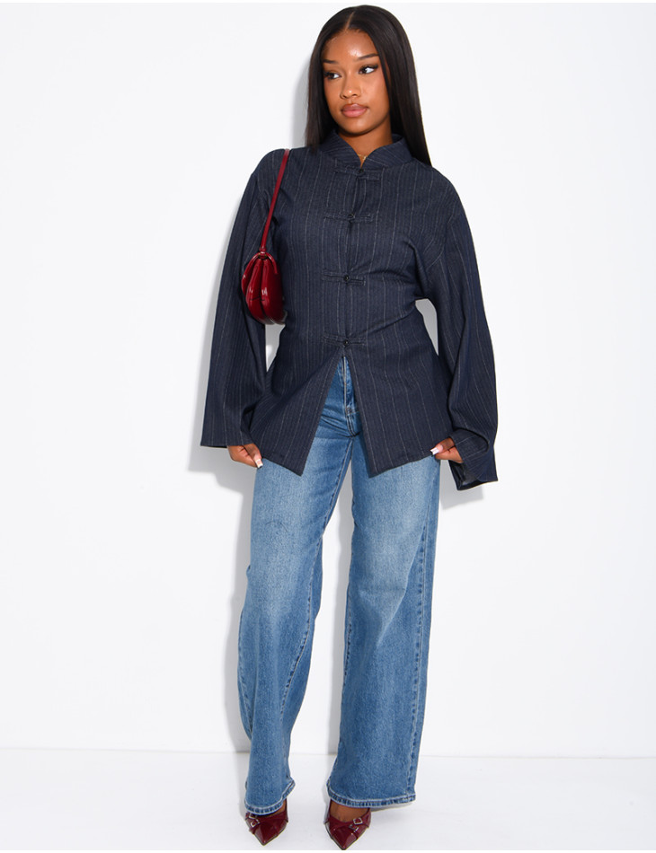 Long-sleeved denim blouse with Asian-style fastenings